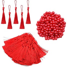 100pcs Tassels Bookmarks with 100pcs Beads, 13cm Tassel Decoration, Soft Handmade Silk Thread, DIY Craft Bookmark Accessories, Keychain (Red)