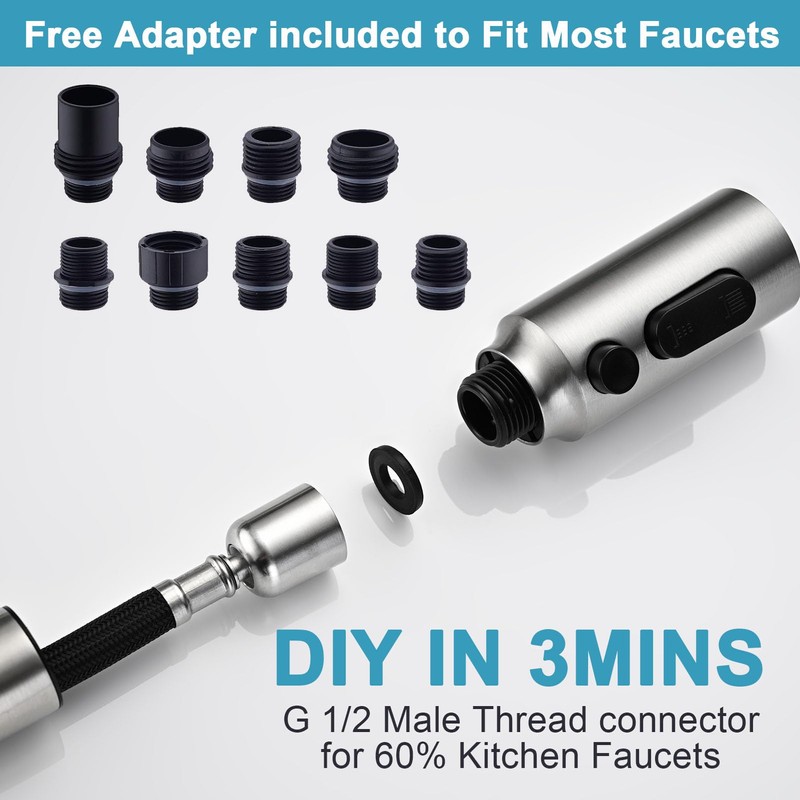 Metal Kitchen Faucet Head Replacement, 3-Function Pull Down Spray Head
