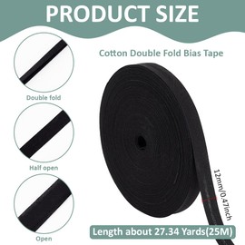 BENECREAT 25m Cotton Double Fold Bias Tape, 12mm Black Bias Binding Tape Seam Binding Tape for Sewing Seaming Hemming Piping Quilting Projects