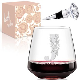 Physkoa Initial J Wine Glass Stemless-【Etched Dishwasher Safe】 Monogrammed Wine Glasses Gifts for Women-Initial Birthday/Christmas Wine Gifts for Women,Mom,Wife,Bestie(Letter J)
