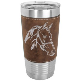 LaserGram 20oz Horse Head Tumbler, Rustic Faux Leather Wrap, Double Wall Vacuum Insulated Stainless Steel with Sipping Lid