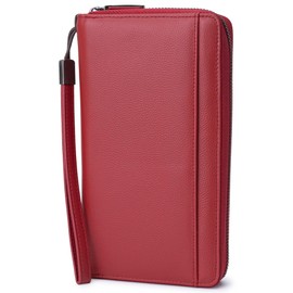 Travel Document Organizer RFID Blocking Leather Multiple Passport Wallet Family Holder Id Wrist Strap(Wine Red)