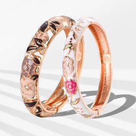 UJOY Vintage Jewelry Cloisonne Handcrafted Flower Enameled Gorgeous Rhinestone Gold Hinged Cuff Bracelet Bangles Gifts 88A10-55A106 Brown White