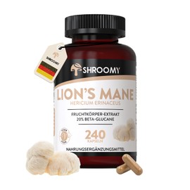 Lions Mane Pilz Extrakt Kapseln (Hericium erinaceus) - 240 Stück - hochdosiert mit 20% Beta Glucane und 40% Polysaccaride - 1020 mg Extrakt pro Tagesdosis - Laborgeprüft und Vegan - DE - SHROOMY