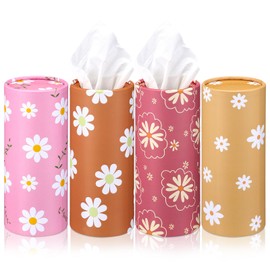 Yoande 4 Pack Car Tissue Holder with Facial Tissues Travel Tissue Tubes Box Round Cylinder Container for Car Cup Holder Home Bathroom Office Wedding Gifts Decor(Daisy)
