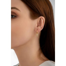 Serenity Sleepers 24K Gold Plated 925 Solid Sterling Silver Sleeper Huggie Hoop Charm Earrings For Women | Cross | Dainty Zirconia Earrings- Mini Cross Hoops