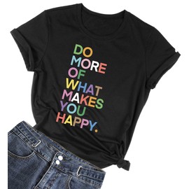 MIMOORN Womens O Neck Fun Happy Graphic Tees Summer Cute Letter Printed T-Shirts Black Small