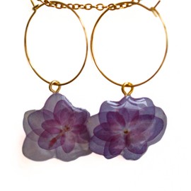 Real Pressed Hydrangea Flower Gold Hoop Earrings