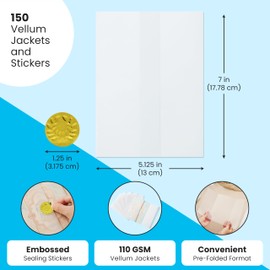 Vellum Invitation Envelopes - 5 x 7 in, 150 Pack, Transparent - Pre-Folded 110 GSM Jackets with 150 Sticker Seals for Wedding Invitations & Scrapbooking DIY Crafts