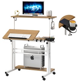 Mobile Standing Desk, Adjustable Rolling Computer Desk with 3 Desktops, Portable Laptop Table with Cup Holder, Home Office Laptop Workstation on Lockable Wheels,Khaki