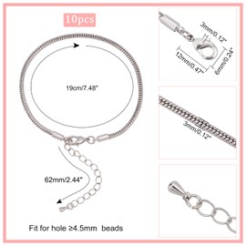 PH PandaHall 19cm Snake Chain Bracelet European Bead Charm Adjustable Bracelet Silver Snake Bracelet Charm Chain Extender with Lobster Clasp for DIY Christmas European Bracelets Making Gift, 10pcs