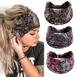 Gemcres 3PCS Boho Bandeau Headbands Wide Knot Hair Bands Stretch Elastic Floral Printed Hairband Yoga Sport Workout Turban Headwraps Stylish Fabric Head Bands Hair Accessories for Women Girls (C)