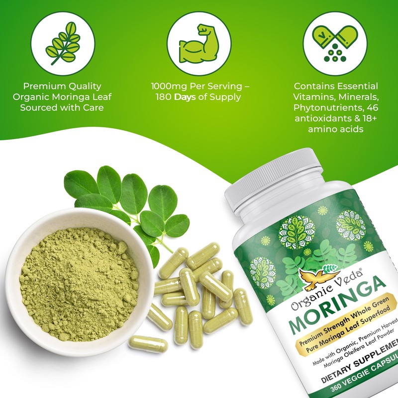 Organic Veda Moringa Leaf Powder Capsules, 1000mg, 360 Count -