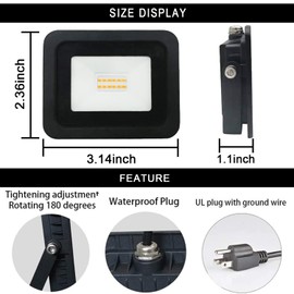 MIWAT 10W LED Flood Lighting, IP68 Waterproof Outdoor Work Lamp with Plug for Wall Housetop Basement(Warm White)