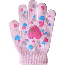 TeddyT's Girls Super Soft Fine Knit Magic Stretch Gripper Winter Gloves (Baby Pink Hearts)