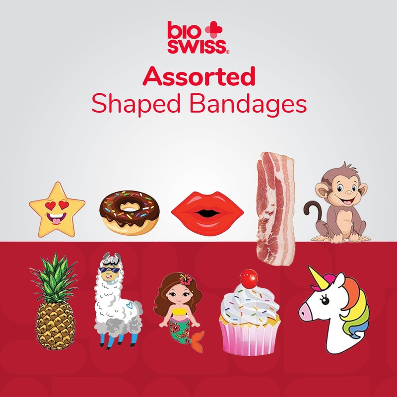 BioSwiss Bandages, Assorted Animal, Fun, and Food Shaped Self Adhesive