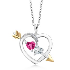 Gem Stone King 1.06 Ct Pink Created Sapphire Sky Blue Aquamarine 925 Silver and 10K Yellow Gold Pendant with Chain