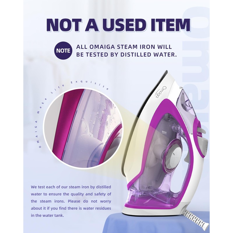 OMAIGA Steam Iron for Clothes, 1750W with Rapid Heating Ceramic