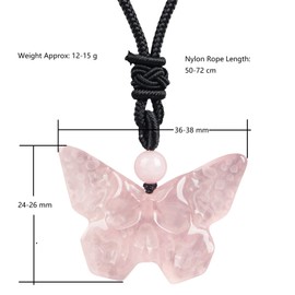 Lovionus89 Natural Crystal Stones Butterfly Skull Pendant，Adjustable Black Cord Gothic Hand Carved Necklace, Rose Quartz
