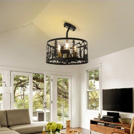 Sloped Rustic Semi Flush Mount Ceiling Light Fixture,3-Light Round E26 Base Black Metal Fixtures with Deer and Bear Design,Industrial Farmhouse Chandelier for Dining Room,Kitchen,Hallway,Bedroom