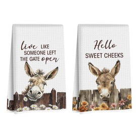 CFGBFDGH 2 Pcs Farmhouse Donkey Kitchen Towels 24x14 Inch, Donkey Waffle Weave Hand Tea Towel for Kitchen Home Bathroom Decor, Farmers Gifts for Women Men Friend, Live Like Someone Left The Gate Open