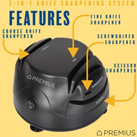 3-In-1 ELECTRIC KNIFE SHARPENER SYSTEM by PREMIUS, Great for Kitchen and Sport Knives, Scissors, Screwdrivers, 2-Stage Sharpening System Appliance, Compact Quick, Easy Design, Retractable Cord, Black