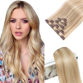 Elailite Clip-In Real Hair Extensions, 5 Pieces, Remy Hair Extensions with 12 Clips, 35 cm - 60 g, Straight Hairpieces, Natural Hair Extensions for Women, #18P613 Ash Blonde Mix Light Blonde