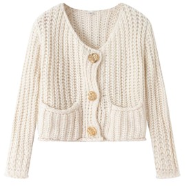 Flygo Cropped Cardigan Sweaters for Women Long Sleeve Cable Knit Cardigan Open Front Chunky Cardigan Sweaters with Pockets(Beige-L)