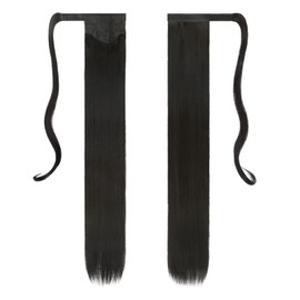 FESHFEN Straight Long Ponytail Extensions 28 Inch Wrap Around Synthetic Off Black Ponytails Hair Piece Pony Tail Hair Extensions Hairpieces for Women