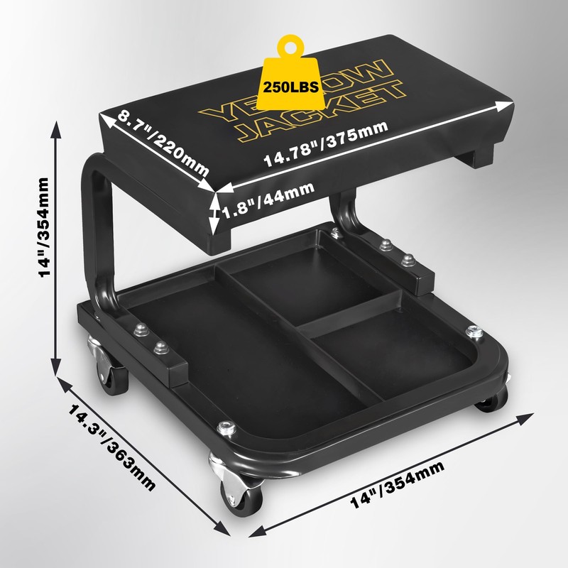 YELLOW JACKET Creeper Garage/Shop Seat, 250 LBS Capacity Rolling Padded