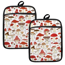 HUGANE Cottagecore Mushroom Pot Holders for Kitchen, Whimsical Enchanted Forest Mushroom Botanical Heat Resistant Hot Pads and Oven Mitts for Baking Cooking