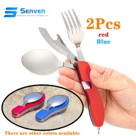 Senven 2 Pieces 4-in-1 Camping Tableware Camping Accessories Stainless Steel Fork Spoon Set Bottle Opener Camping Cutlery / Travel / Survival - Foldable, Removable, Red, Blue