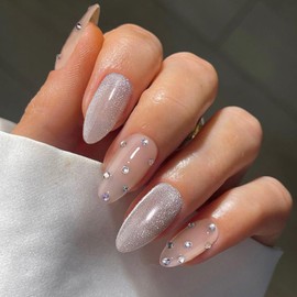 IQXGE Acrylic Press on Nails Almond Medium Gray Cat Eye Fake False Nails Press ons Full Cover Nude Powder Glossy Artificial Stick Glue on Nail with Rhinestones Design Fake Nail 24Pcs for Women