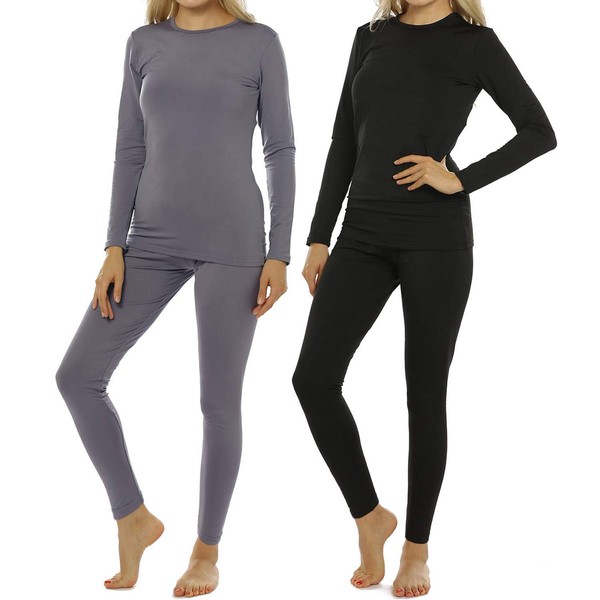 ViCherub 2 Sets Women's Thermal Underwear Set Long Johns with Fleece Lined Ultra Soft Top & Bottom Base Layer Thermals for Womens Black & Gray Small