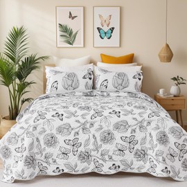 EVENHUG Quilt Set Queen Size Botanical 3 Pieces Quilted Bedding Set with Floral Butterfly Pattern Lightweight Coverlet Bedspread for All Season(92"X96", Queen)