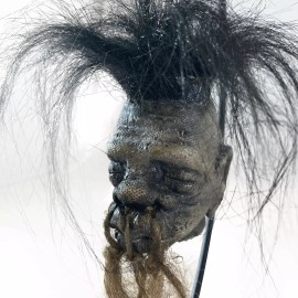 Shrunken Head with Hair Metal Stand Oddity Magic Ritual Voodoo Witchcraft Witch