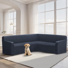 ALIECOM Velvet Corner Couch Covers L Shape Sofa Cover Sectional Stretch Soft Thick Plush U Shaped Sectional Slipcovers Living Room Pet Dogs Universal Non Slip Furniture Protector (Navy, X-Large)