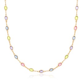 Barzel 18K Gold Plated Oval Multicolor Stone Crystal Necklace for Women - Made In Brazil