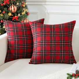 JOTOM Christmas Scottish Tartan Plaid Throw Pillow Covers Farmhouse Classic Decorative Square Cushion Covers 40 x 40cm Soft Pillowcases for Decor Sofa Couch 16x16 Inch Set of 2 (Red)