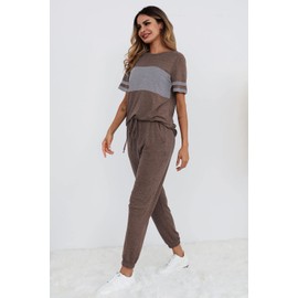 PRETTYGARDEN Women's Two Piece Outfit Short Sleeve Pullover with Drawstring Long Pants Tracksuit Jogger Set (Striped Dark Khaki,X-Large)