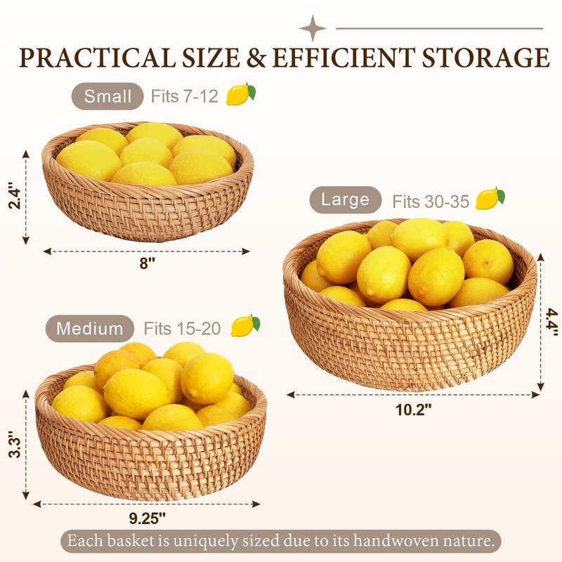 Rattan Bread Basket for Serving, Hand Woven Fruit Basket, Natural