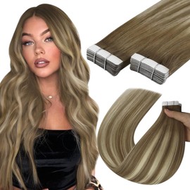 YoungSee Human Hair Tape in Extensions Balayage Light Brown and Platinum Blonde Tape in Extensions for Women Tape in Hair Extensions Real Human Hair Ombre Tape on Hair Extensions Straight 50G 20Pcs