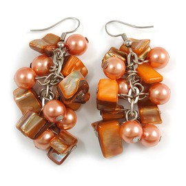 Peach Glass Bead, Burnt Orange Shell Nugget Cluster Dangle/Drop Earrings In Silver Tone - 60mm Long