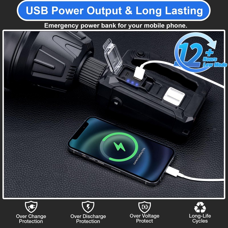 Peascat Rechargeable Spotlight Flashlight Handheld 3,000,000L, 6 Modes Super Bright