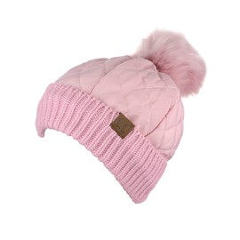 C.C Soft Quilted Puffer Detachable Faux Fur Pom Inner Lined Cuff Beanie Hat, Rose