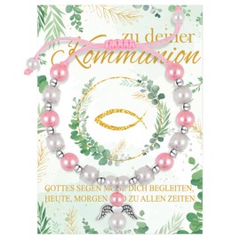 HOWAF Girl's Communion Bracelet, Guardian Angel Bracelet, Communion Jewellery Bracelet, Communion Bracelet Girls with Communion Card, Communion Gifts for Girls, Pink Pearls