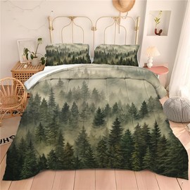 Fog Pine Forest Bedding Full Misty Green Trees Natural Scenery Art Comforter Mountain with Firforest and Arrow Folk Style Retro Print Decorative Bedding Set with 2 Pillow Shams