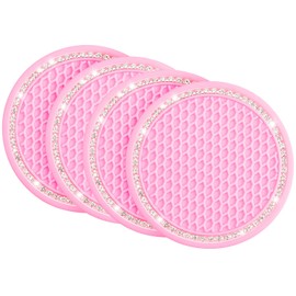 JOYTUTUS 4 Pack Car Coasters, Universal Anti-Slip Cup Holder Coasters for Car with Crystal Rhinestone, 2.75 inch/6.8cm PVC Cup Holder Insert Coaster, Pink Car Accessories (Pink with Diamond)