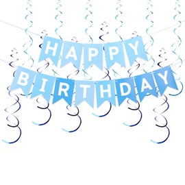 CARBLIN Multi Blue Happy Birthday Banner, Birthday Decorations with Metallic Hanging Swirl, Birthday Sign for Backdrop Party Decor, Bunting Banner for Men Women, Birthday Supplies for Boys Girls