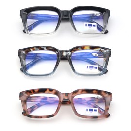 GINGEREYE 3 pack Oprah style Spring hinge Readers Blue Light Blocking Computer Square Reading Glasses for Women Men +1.0